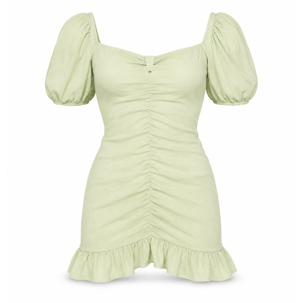 Lush Mini Dress Womens Small Pistachio Green Ruched Puff Sleeve Cottagecore